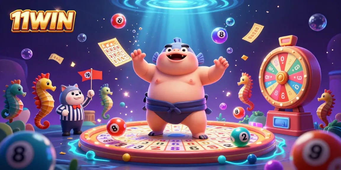 Engage with a vibrant lottery scene featuring 11WIN with a fugu, catfish referee, and dynamic game elements.