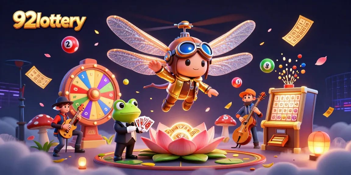 Engage with 92lottery's exciting 3D digital illustration showcasing vivid lottery elements and characters.