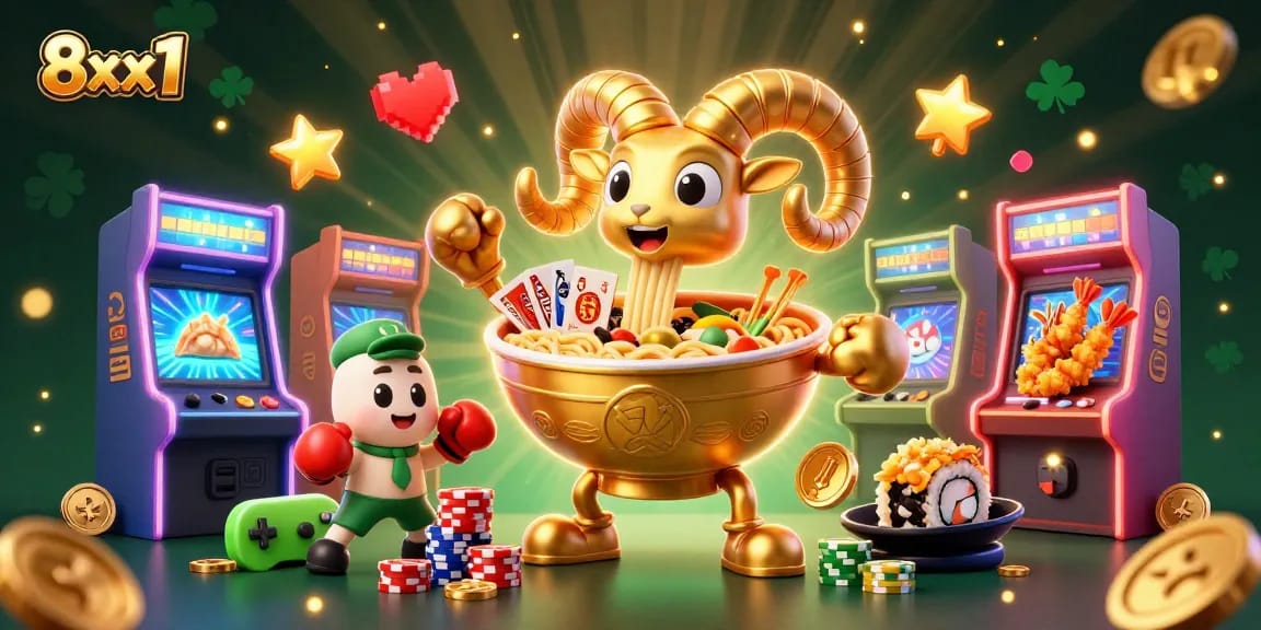 Engage with 8xx1's vibrant casino scene featuring thematic characters and elements for immersive gaming action.