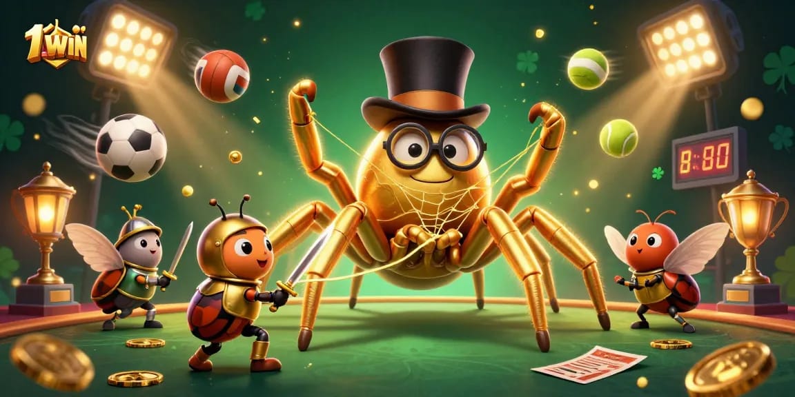 11WIN showcases a vibrant 3D casino scene with a brave beetle knight and golden tarantula.