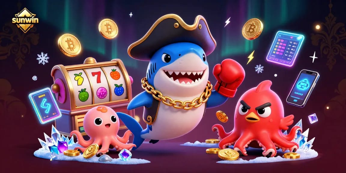Play to win with the sunwin pirate shark and friends amid vibrant casino elements.