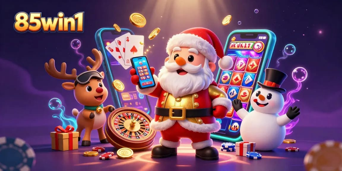 Play slots with Santa and friends in a vibrant casino illustration featuring 85win1.