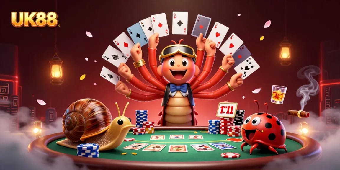 Engage in exciting gaming at UK88 with a whimsical dealer surrounded by poker elements.