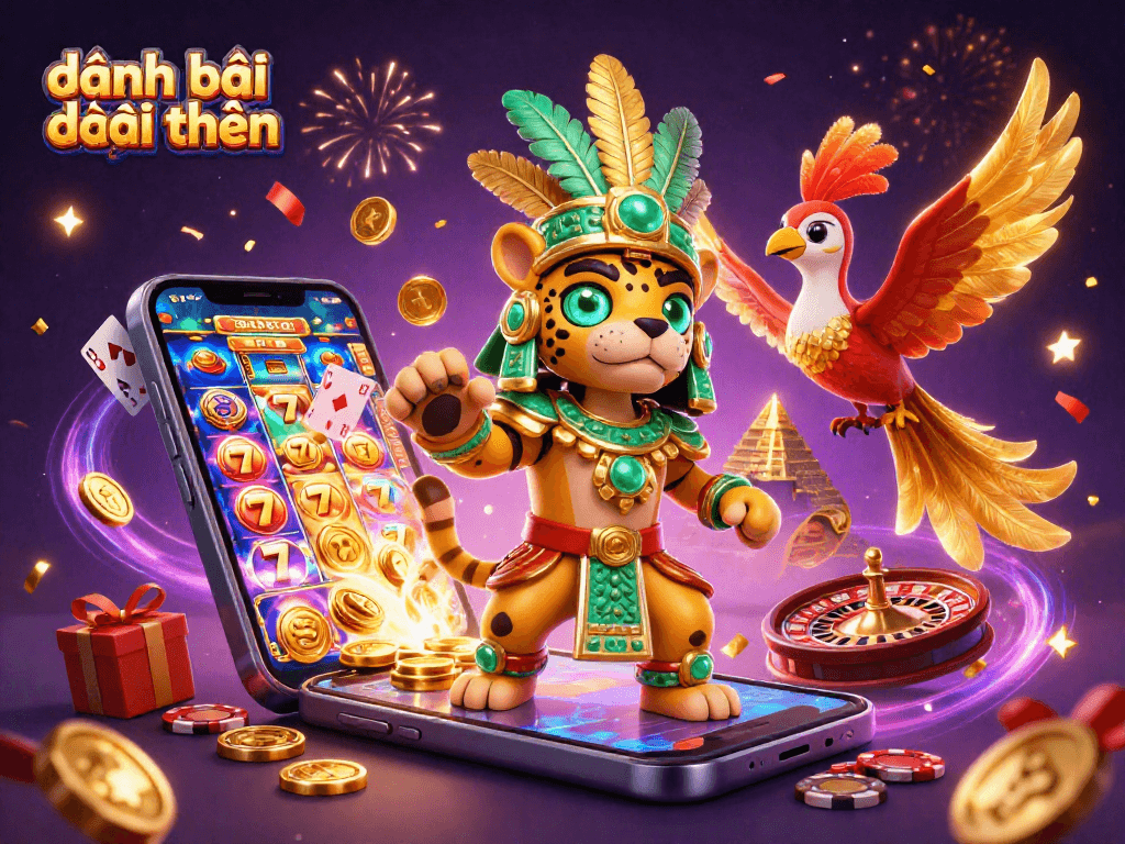 Engage in đánh bài đổi thưởng with dynamic 3D casino characters featuring a Mayan priest and vibrant game elements.