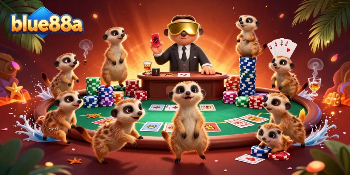 Win big with blue88a in a colorful meerkat casino scene filled with poker action and excitement.