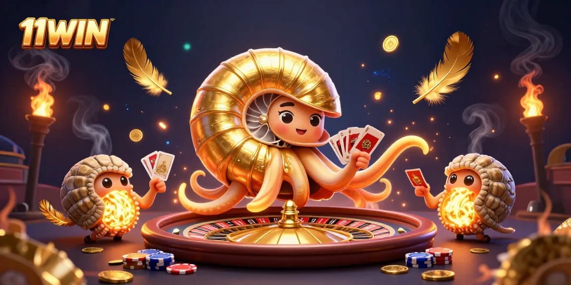 Engage with 11WIN's thrilling roulette scene featuring a giant nautilus and golden casino elements.