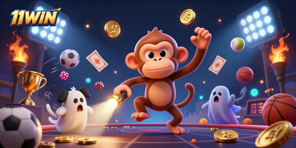 11WIN showcases an energetic scene with a poltergeist monkey juggling gold items in a haunted casino.