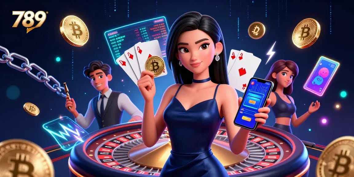 Spin to win at 789's modern casino, featuring vibrant online gaming and crypto elements.