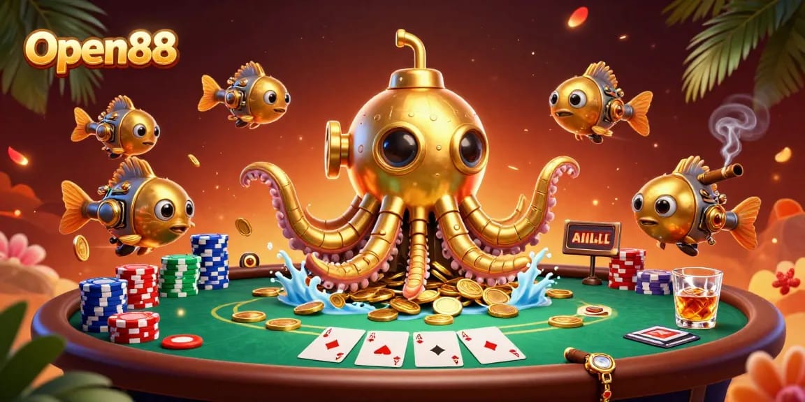 Experience the thrill of gambling with Open88 as the 3D golden kraken submarine and mechanical fish create a unique casino scene.