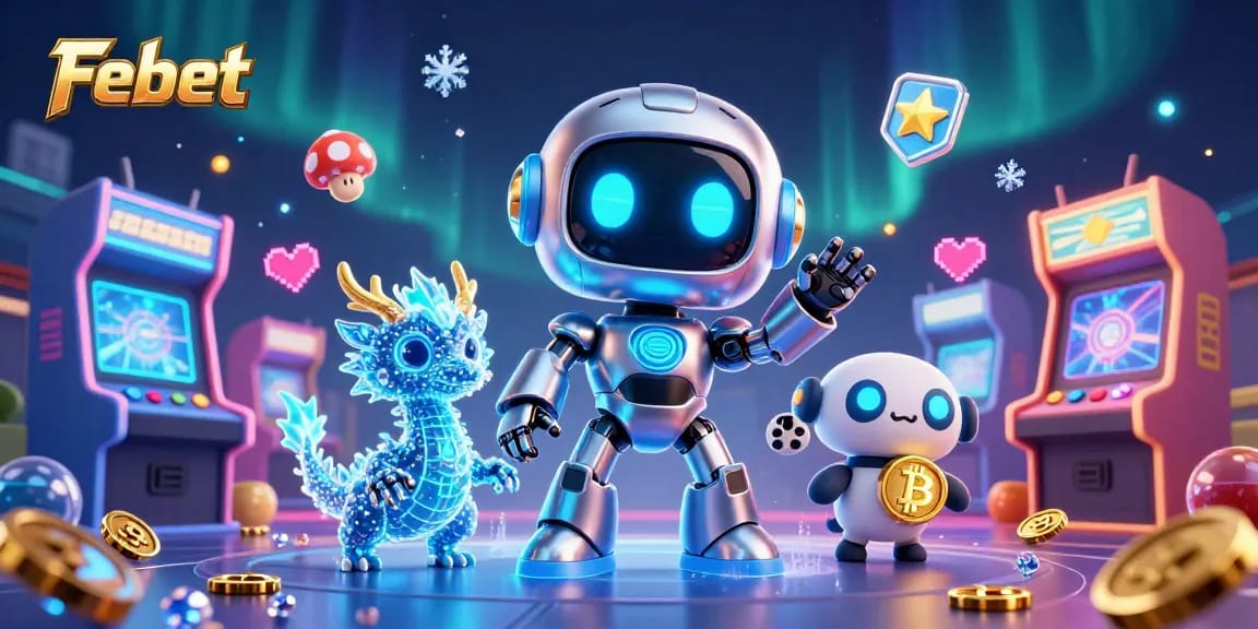 Engage with Febet's exciting casino atmosphere featuring a cyberpunk mascot and crypto elements.