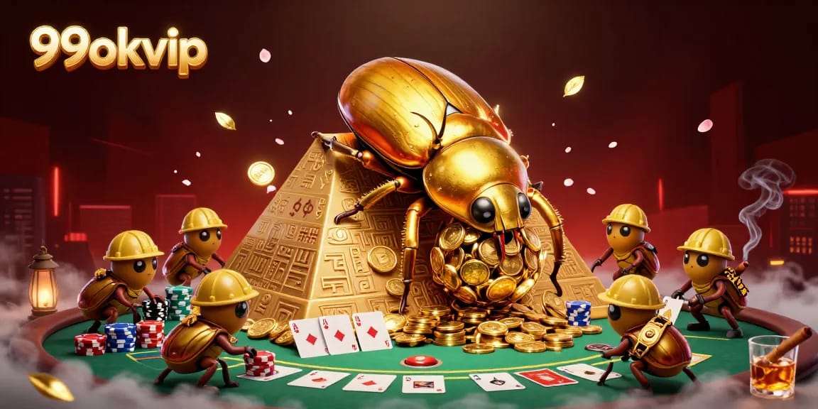 Join the fun with 99okvip, featuring a massive dung beetle and poker-rich casino elements.
