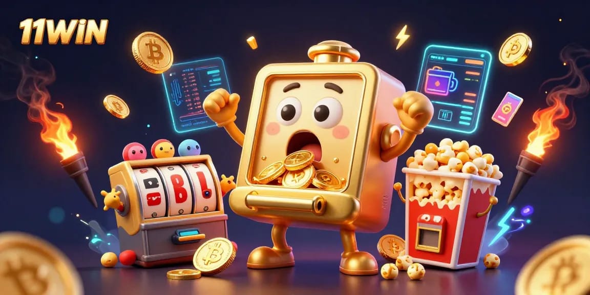 Discover thrilling wins with 11WIN's golden slot machine celebrating its jackpot victory amidst crypto elements.