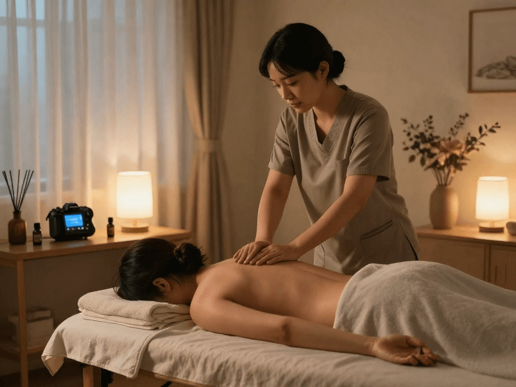Calming home setting for 출장안마, professional therapist preparing massage with essential oils and soothing ambiance.