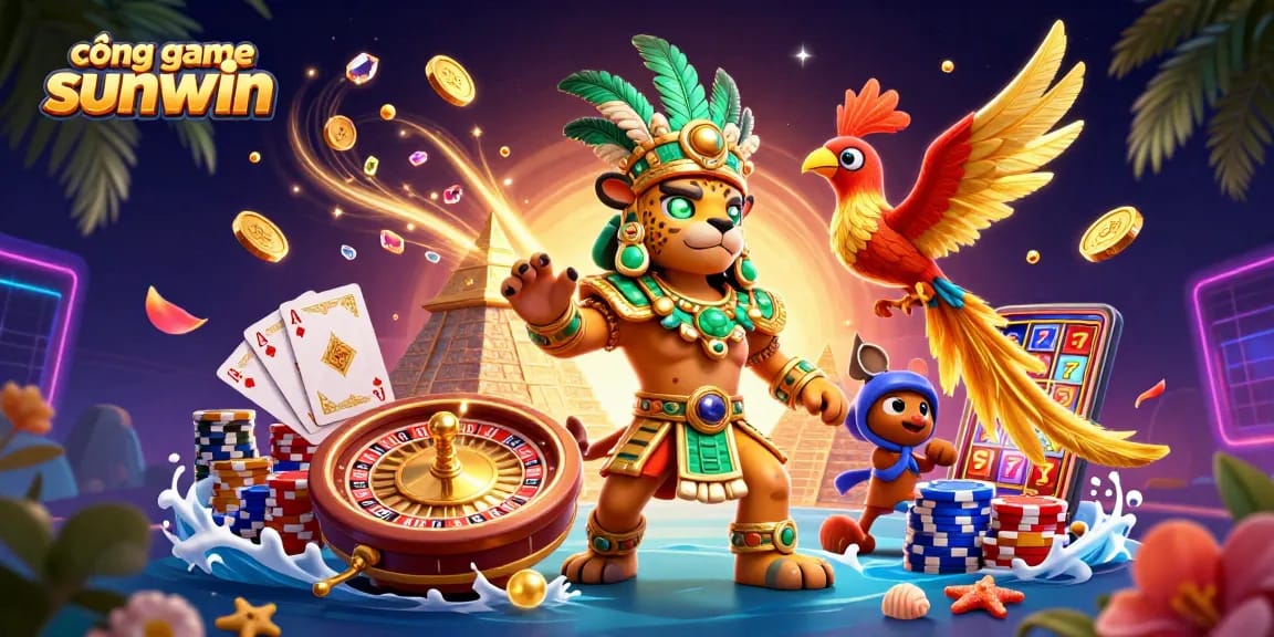 Cổng game sunwin showcases an energetic Mayan priest and quetzal bird amidst vibrant casino elements.