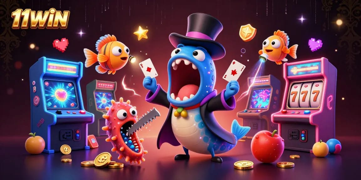 Experience the magic of 11WIN with a deep-sea eel performing thrilling card tricks in a dynamic casino scene.