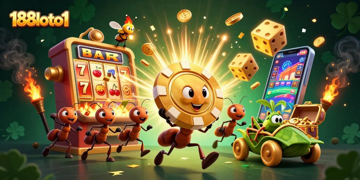 Ants in a thrilling heist with a poker chip, highlighting gaming excitement at 188loto1.