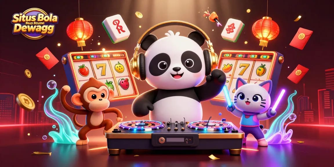 Situs Bola Resmi Dewagg showcases a vibrant casino scene with a DJ panda and fun gambling elements.
