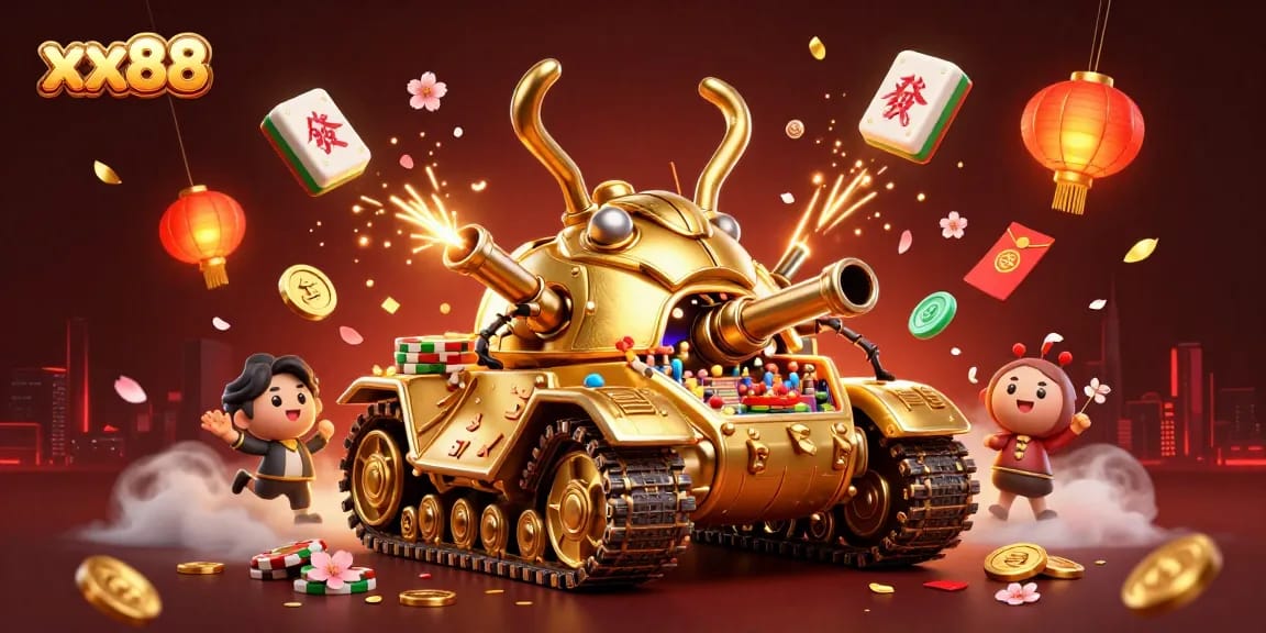 Experience thrilling action at xx88 with a vibrant miniature casino inside a golden beetle tank.