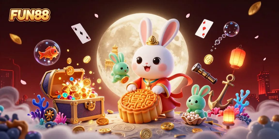 Win big with FUN88 as the moon rabbit reveals poker chips under lunar magic.