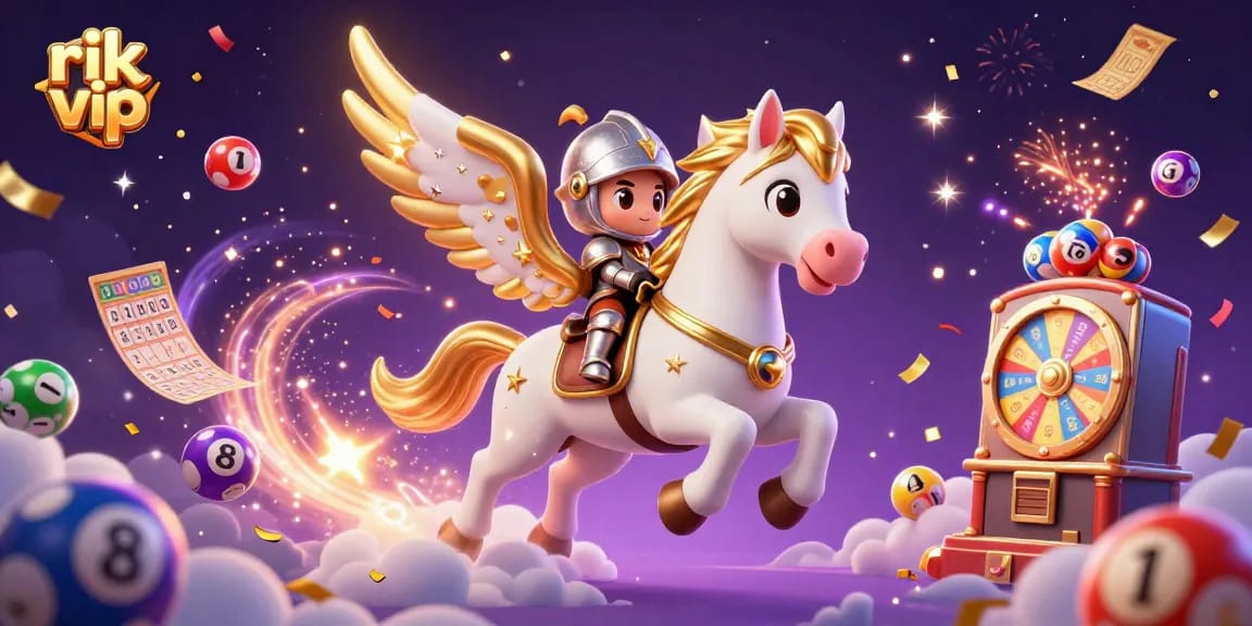 Experience the vibrant world of rik vip with a celestial horse and lottery elements in a stunning casino scene.