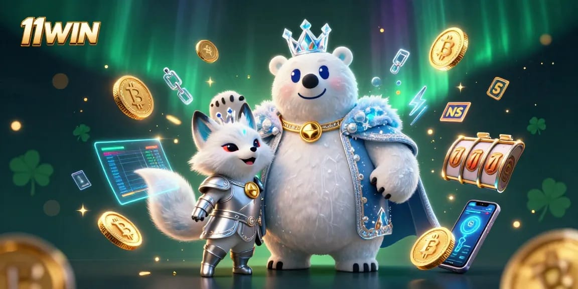 Engage with the 11WIN casino experience featuring a polar bear king and golden crypto elements.