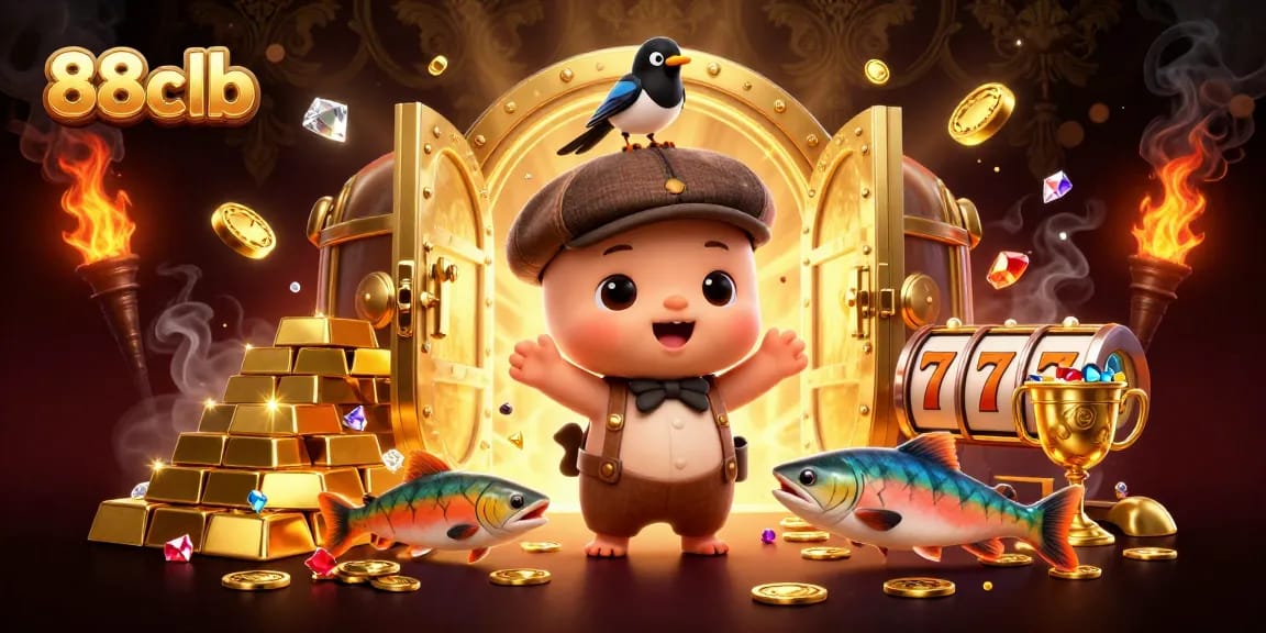 Experience thrilling gaming action at 88clb with cartoon characters surrounded by sparkling treasures.