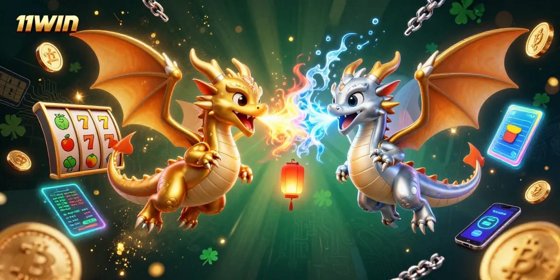 Experience thrilling gameplay at 11WIN with a dazzling 3D casino scene featuring dragons and crypto symbols.