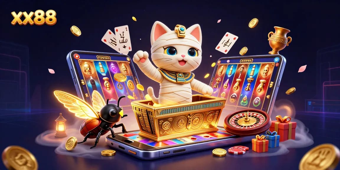 Engage with thrilling xx88 casino adventures featuring a dynamic mummy cat, scarab beetle, and gaming treasures.