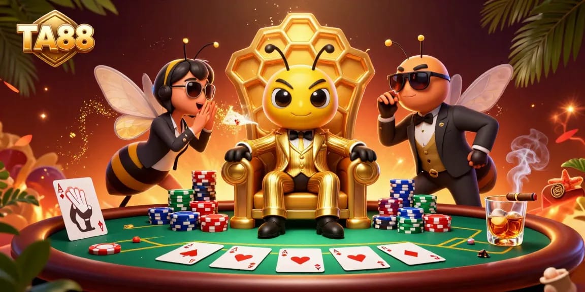 TA88 poker scene featuring a bumblebee mob boss, wasp bodyguards, and a butterfly informant.