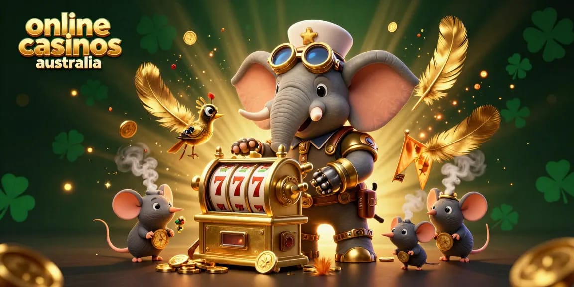 Play exciting games in online casinos Australia with a steampunk elephant engineer operating golden slots.
