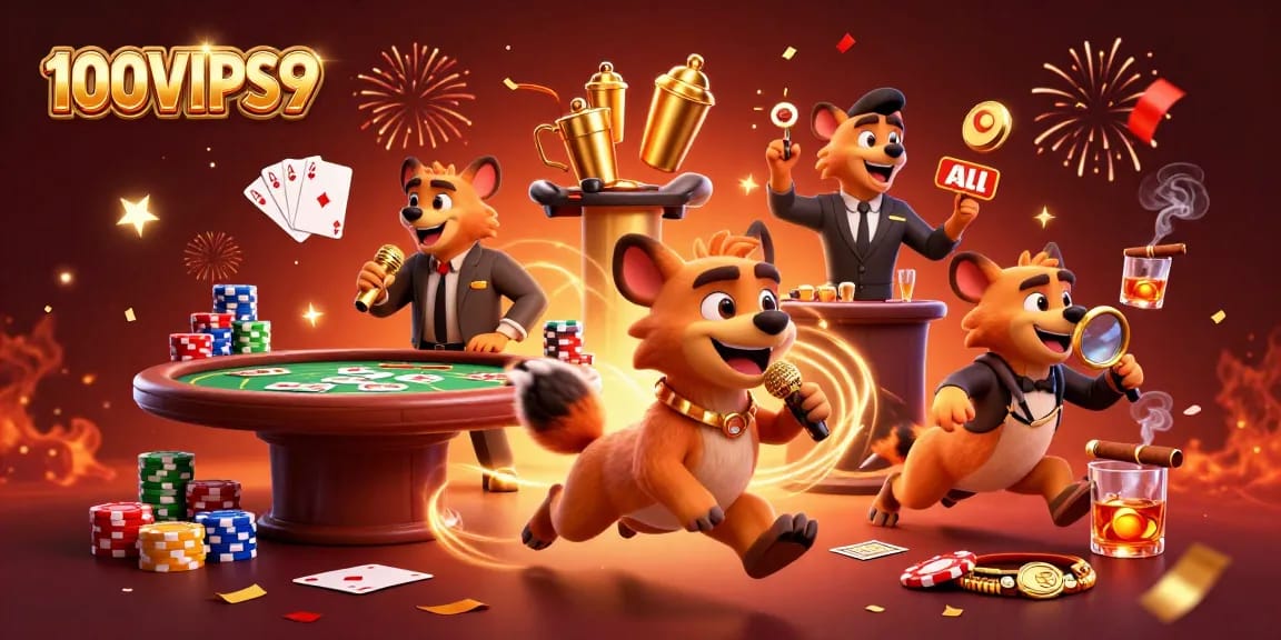 Enjoy thrilling gaming at 100VIPS9 with vibrant characters in a dynamic casino scene.