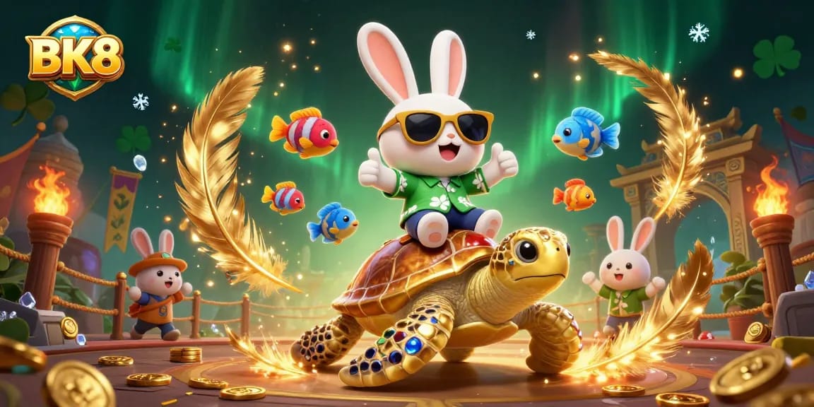Experience the thrill of BK8 with a lucky rabbit riding a golden sea turtle amidst vibrant casino elements.