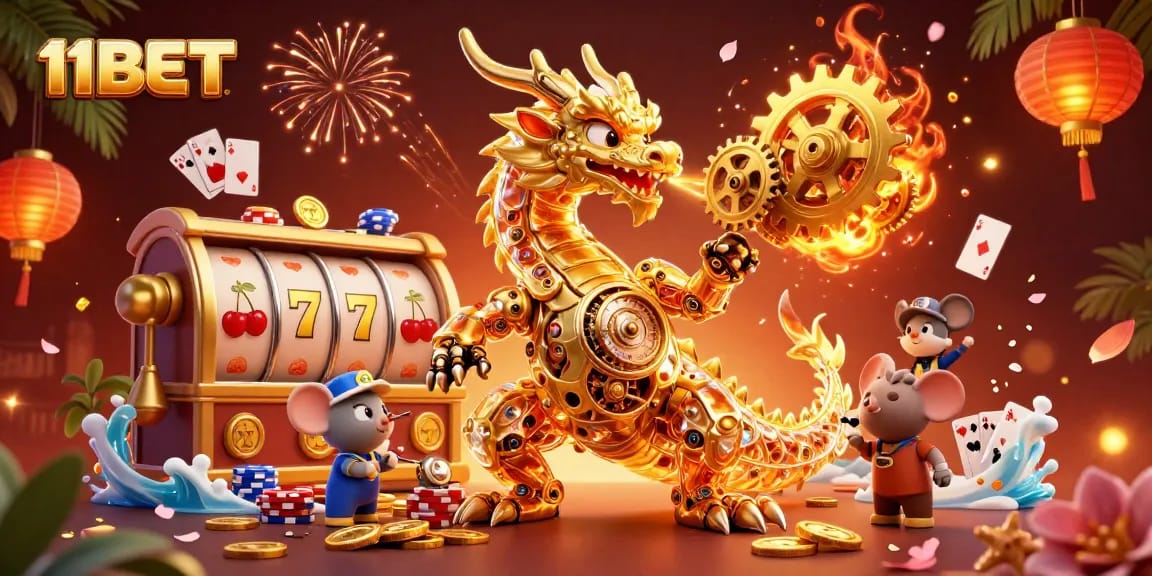 Join the excitement of 11BET with a golden dragon and dynamic gaming elements.