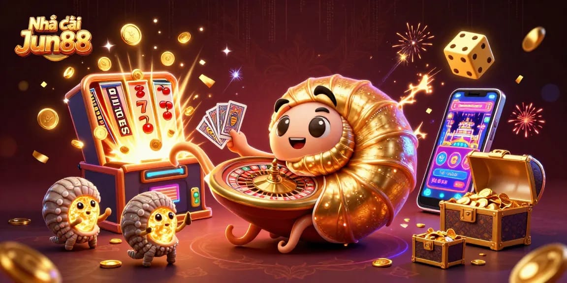 Experience the thrill of Nhà cái Jun88 with vibrant casino elements and interactive gaming visuals.