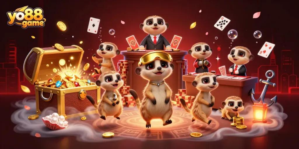 Experience excitement at yo88-game with playful meerkats managing a dynamic casino scene.
