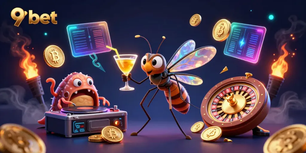 Engage in thrilling casino fun with 9bet, featuring cartoon mascots and vibrant crypto elements.