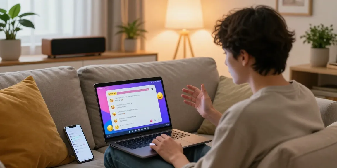Engaging in porn chat ai conversation in a cozy home space with a laptop and warm lighting