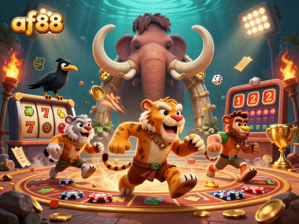 Experience the exciting world of af88 with animated characters enjoying a dynamic prehistoric casino scene.
