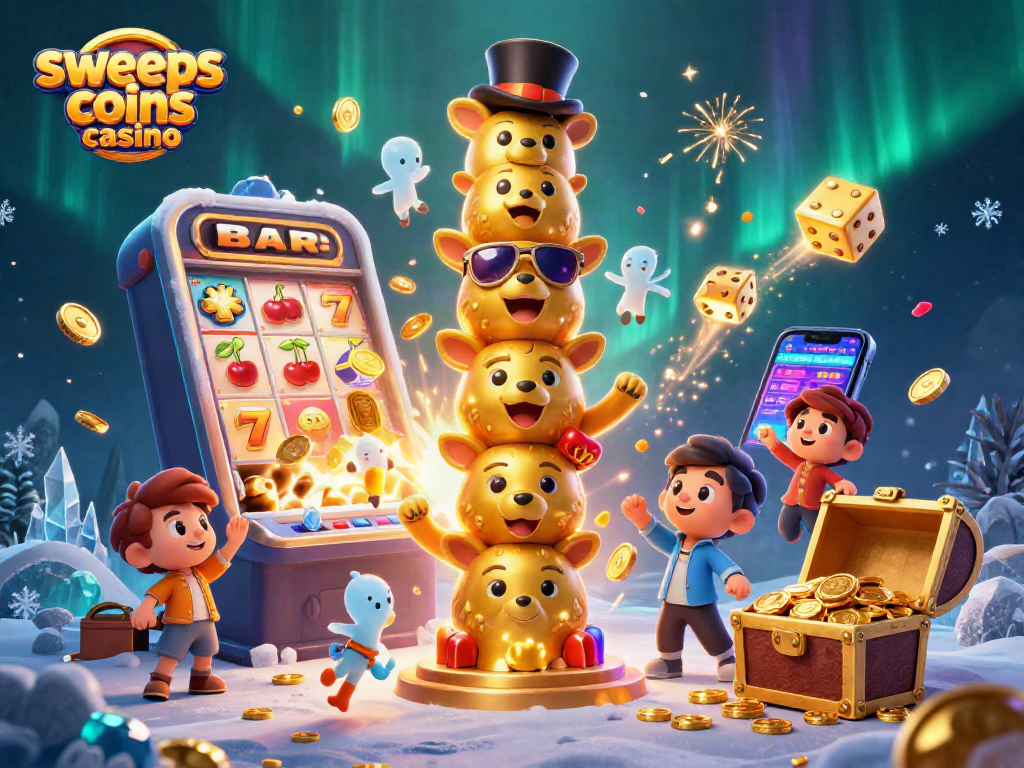 Engage with sweeps coins casino action amidst vibrant 3D illustration of a golden totem pole and jackpot explosion.