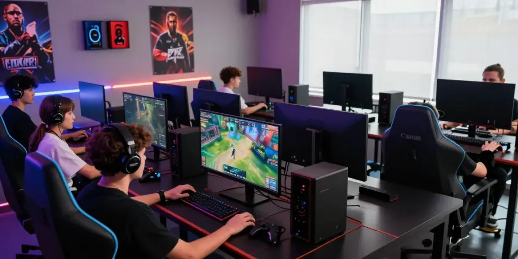 Gaming enthusiasts engaged in intense competition at a high-tech gaming setup, featuring 78win gaming peripherals.
