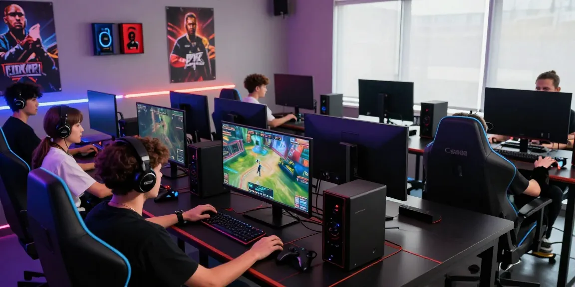 Gaming enthusiasts engaged in intense competition at a high-tech gaming setup, featuring 78win gaming peripherals.