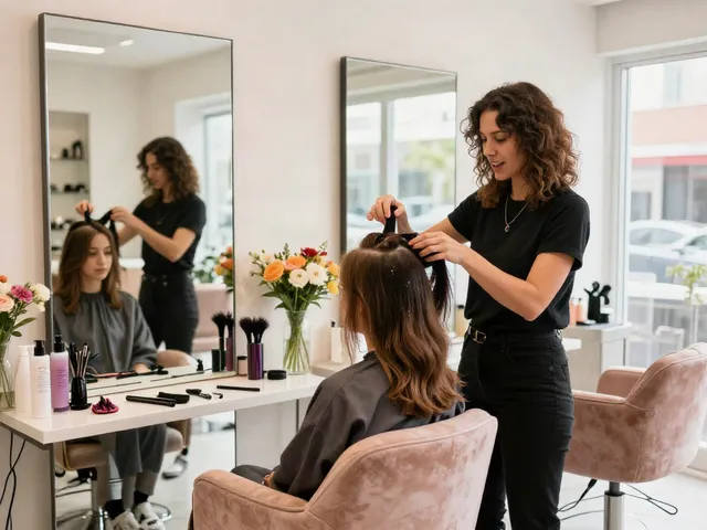 Stylist applying hair toppers in a modern salon with mirrors and vibrant decor.