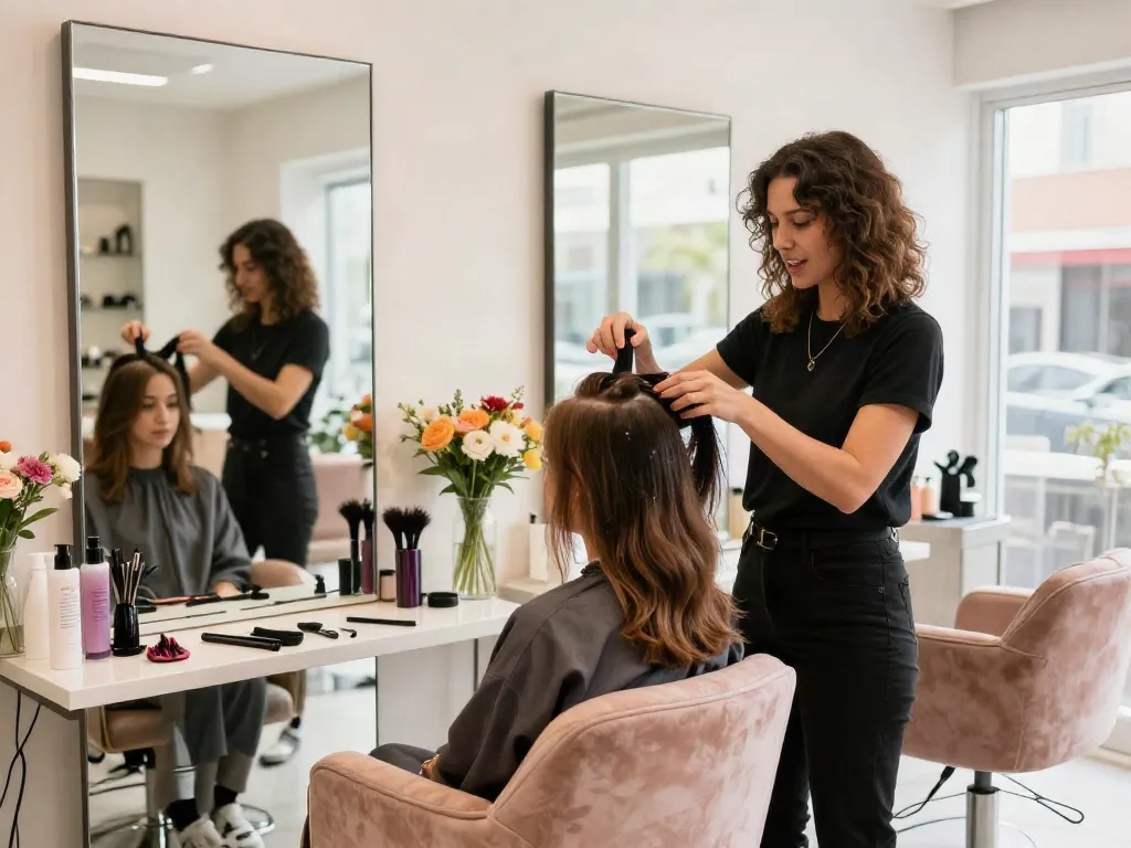 Stylist applying hair toppers in a modern salon with mirrors and vibrant decor.