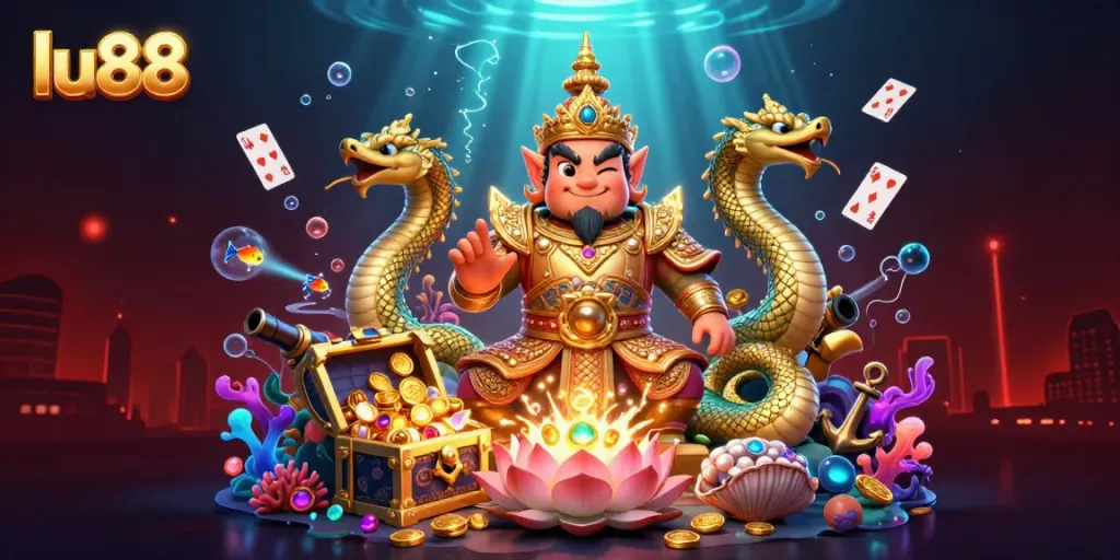 Experience the vibrant gaming world of lu88 with an energetic scene featuring guardians, treasures, and casino elements.