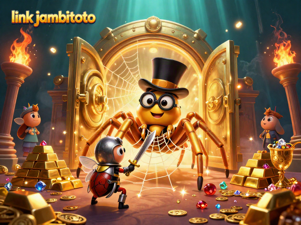Win big with link jambitoto in this vibrant casino scene depicting epic characters and golden treasures.