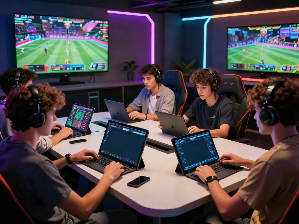 Diverse friends enjoying the ZBET platform in a modern gaming room, showcasing the excitement of Trang chủ zbet online betting.