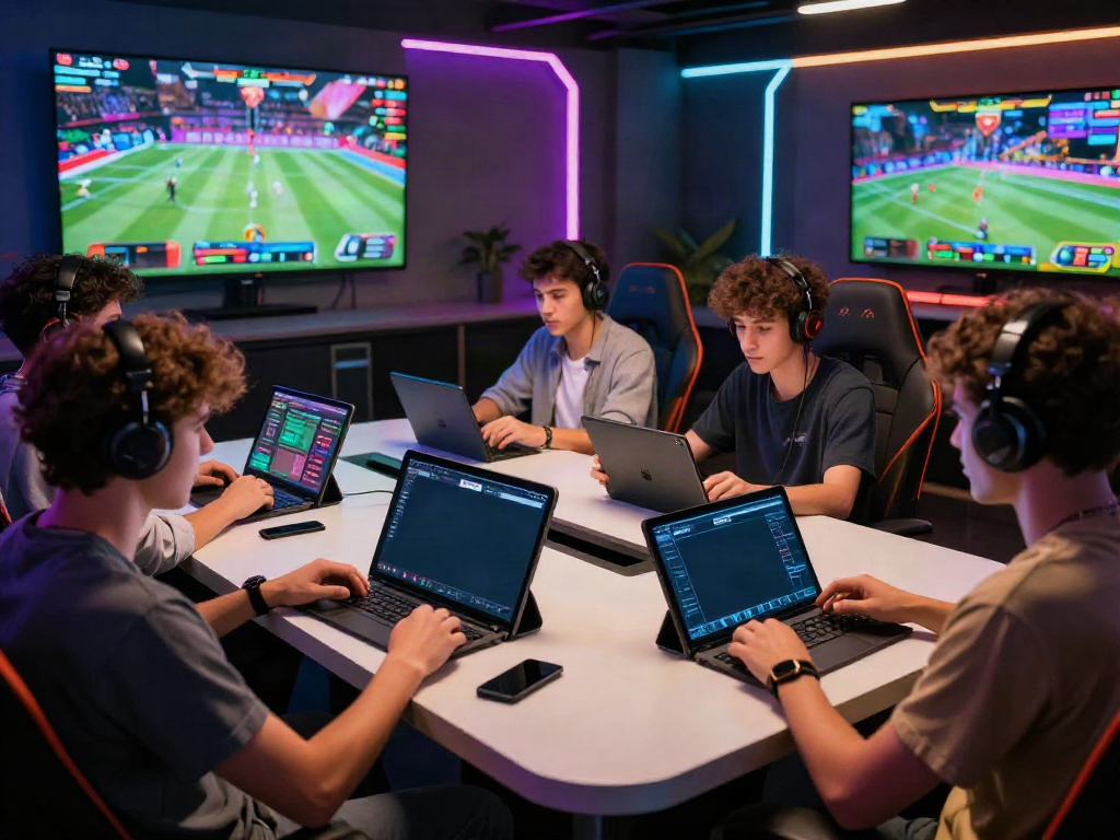 Diverse friends enjoying the ZBET platform in a modern gaming room, showcasing the excitement of Trang chủ zbet online betting.