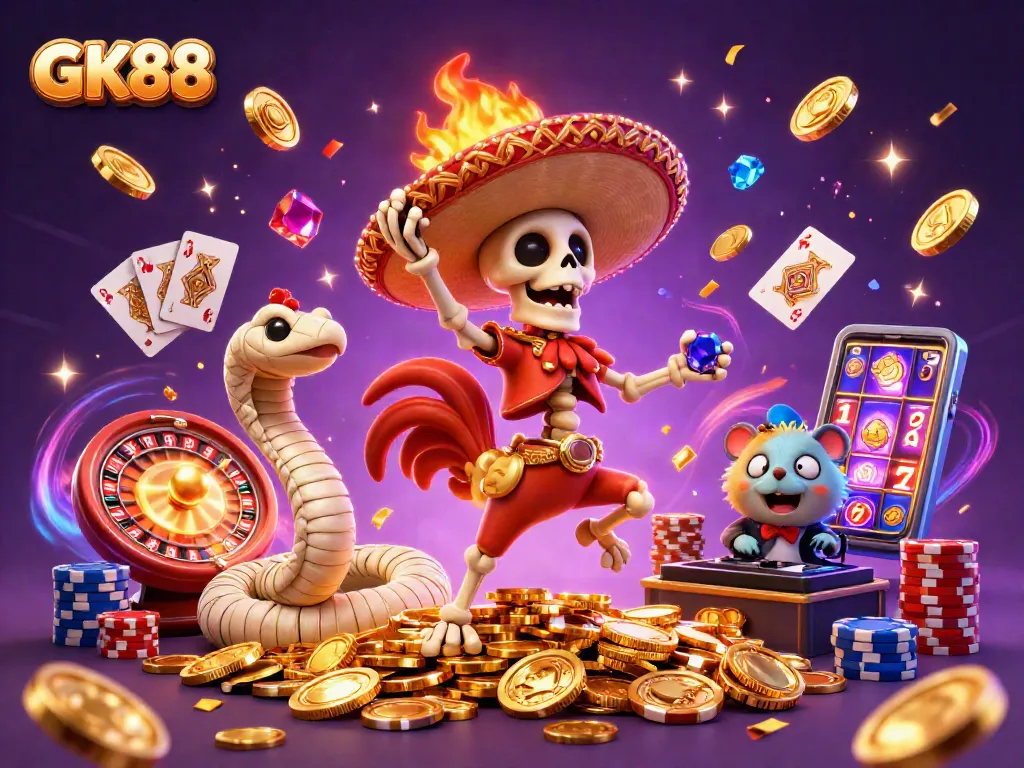 Experience the excitement of GK88 with a dynamic casino celebration featuring animated characters.