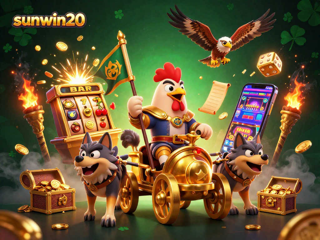 Engage in thrilling gameplay with sunwin20 featuring a rooster warlord, slot machines, and treasure in a dynamic casino scene.