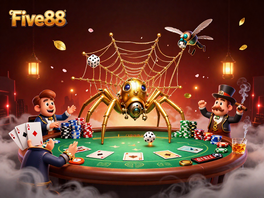 Engage with Five88's rich gambling scene featuring a steampunk spider and poker elements.
